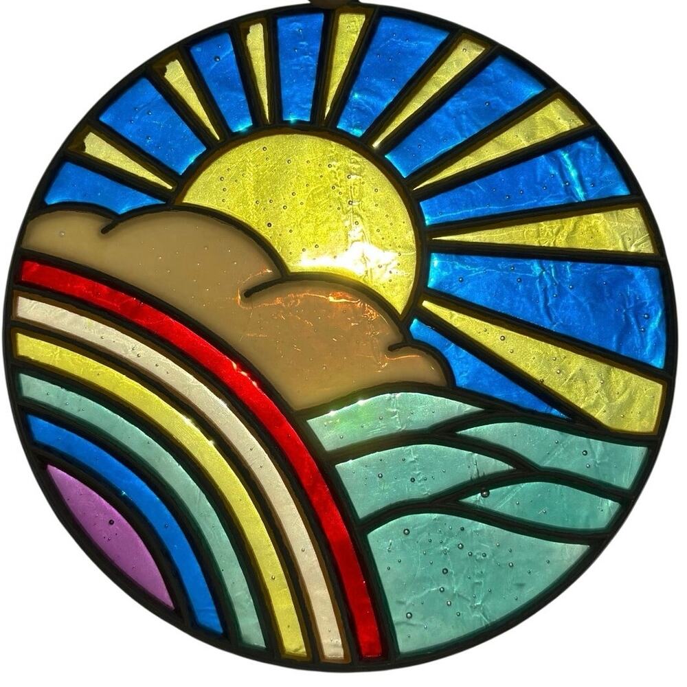 Vintage Sunrise Rainbow Sun Catcher Stained Glass Style 7” Retro Handmade